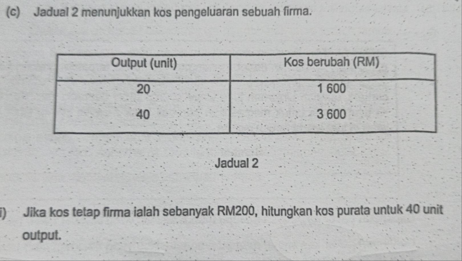 Jadual 2 menunjukkan kòs pengeluaran sebuah firma. 
Jadual 2 
) Jika kos tetap firma ialah sebanyak RM200, hitungkan kos purata untuk 40 unit 
output.