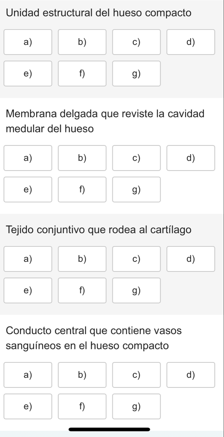 Unidad estructural del hueso compacto
a)
b)
c)
d)
e)
f)
g)
Membrana delgada que reviste la cavidad
medular del hueso
a)
b)
c)
d)
e)
f)
g)
Tejido conjuntivo que rodea al cartílago
a)
b)
c)
d)
e)
f)
g)
Conducto central que contiene vasos
sanguíneos en el hueso compacto
a)
b)
c)
d)
e)
f)
g)