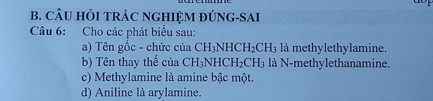 CÂU HỏI TRÁC NGHIỆM ĐÚNG-SAI 
Câu 6: Cho các phát biểu sau: 
a) Tên gốc - chức của CH_3NHCH_2CH_3 là methylethylamine. 
b) Tên thay thế của CH_3NHCH_2CH_3 là N-methylethanamine. 
c) Methylamine là amine bậc một. 
d) Aniline là arylamine.