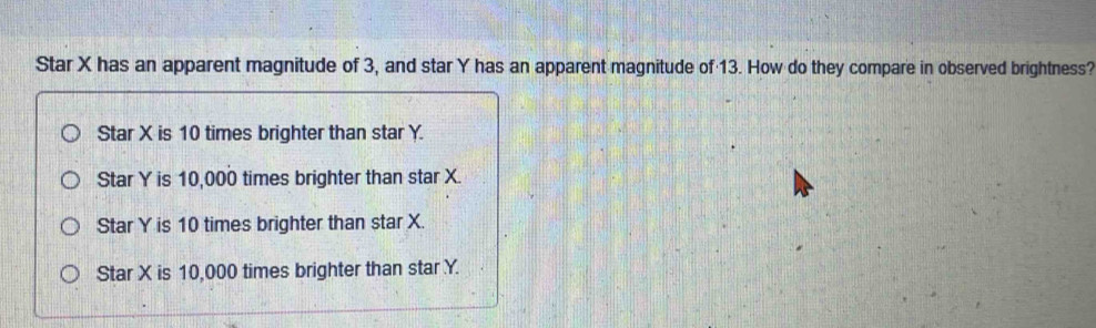 Star X has an apparent magnitude of 3, and star Y has an apparent magnitude of 13. How do they compare in observed brightness?
Star X is 10 times brighter than star Y.
Star Y is 10,000 times brighter than star X.
Star Y is 10 times brighter than star X.
Star X is 10,000 times brighter than star Y.