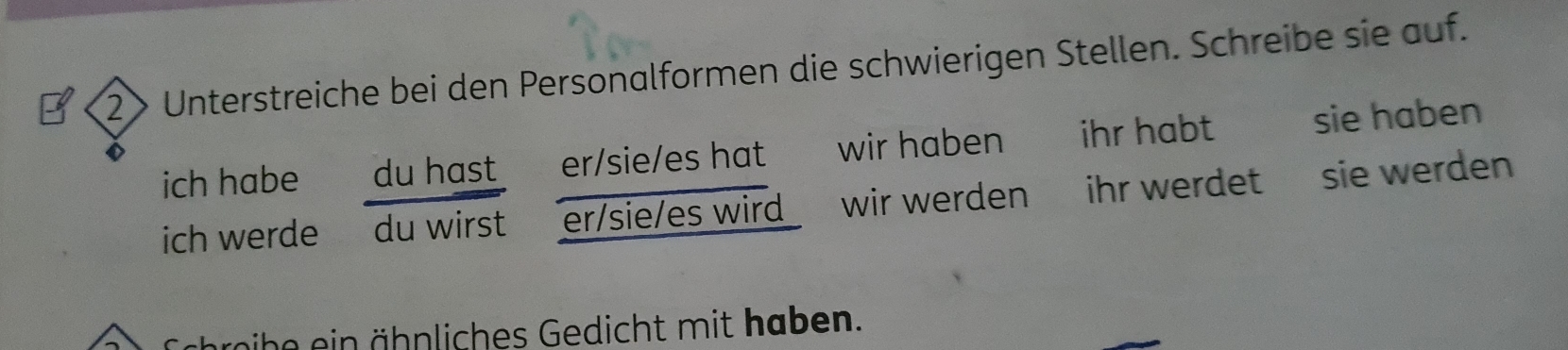 2> Unterstreiche bei den Personalformen die schwierigen Stellen. Schreibe sie auf. 
ich habe du hast er/sie/es hat wir haben ihr habt sie haben 
ich werde du wirst er/sie/es wird wir werden ihr werdet sie werden 
ibe ein ähnliches Gedicht mit haben.