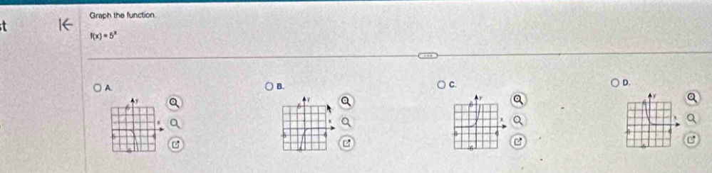 Graph the function
f(x)=5^x
A 
B. 
C. 
D. 
Ay