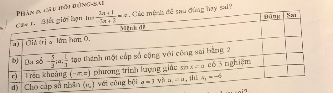 âu hỏi đúng-sai
ng hay sai?