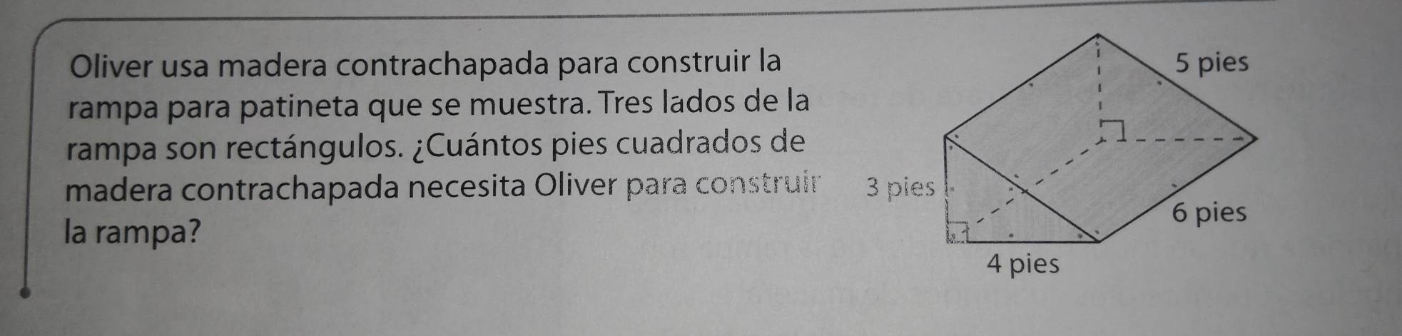 Oliver usa madera contrachapada para construir la 
rampa para patineta que se muestra. Tres lados de la 
rampa son rectángulos. ¿Cuántos pies cuadrados de 
madera contrachapada necesita Oliver para construir 
la rampa?