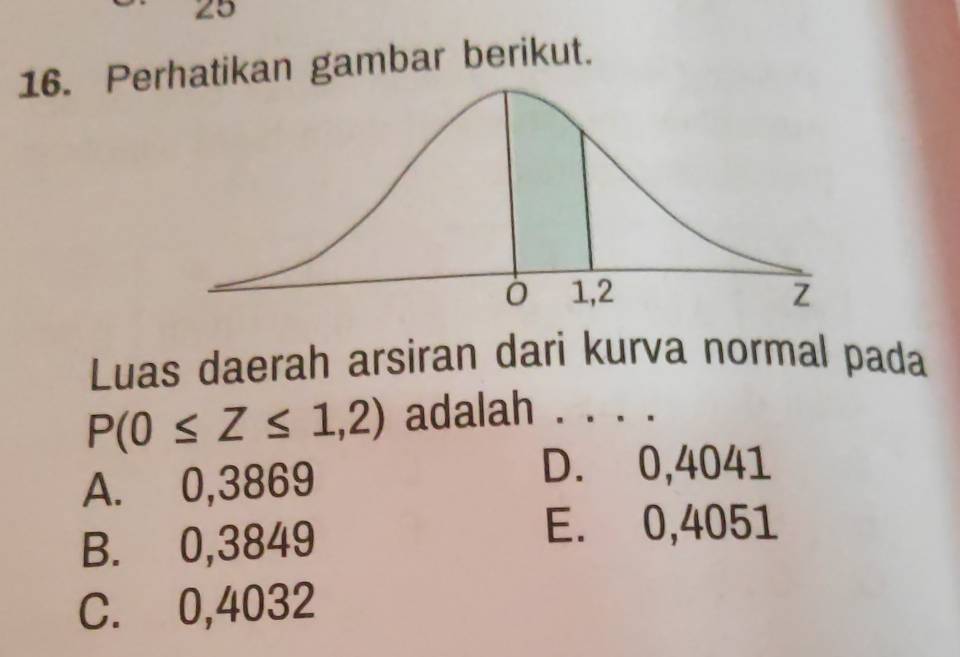 25
16. Perhatikan gambar berikut.
Luas daerah arsiran dari kurva normal pada
P(0≤ Z≤ 1,2) adalah . . . .
A. 0,3869
D. 0,4041
B. 0,3849
E. 0,4051
C. 0,4032