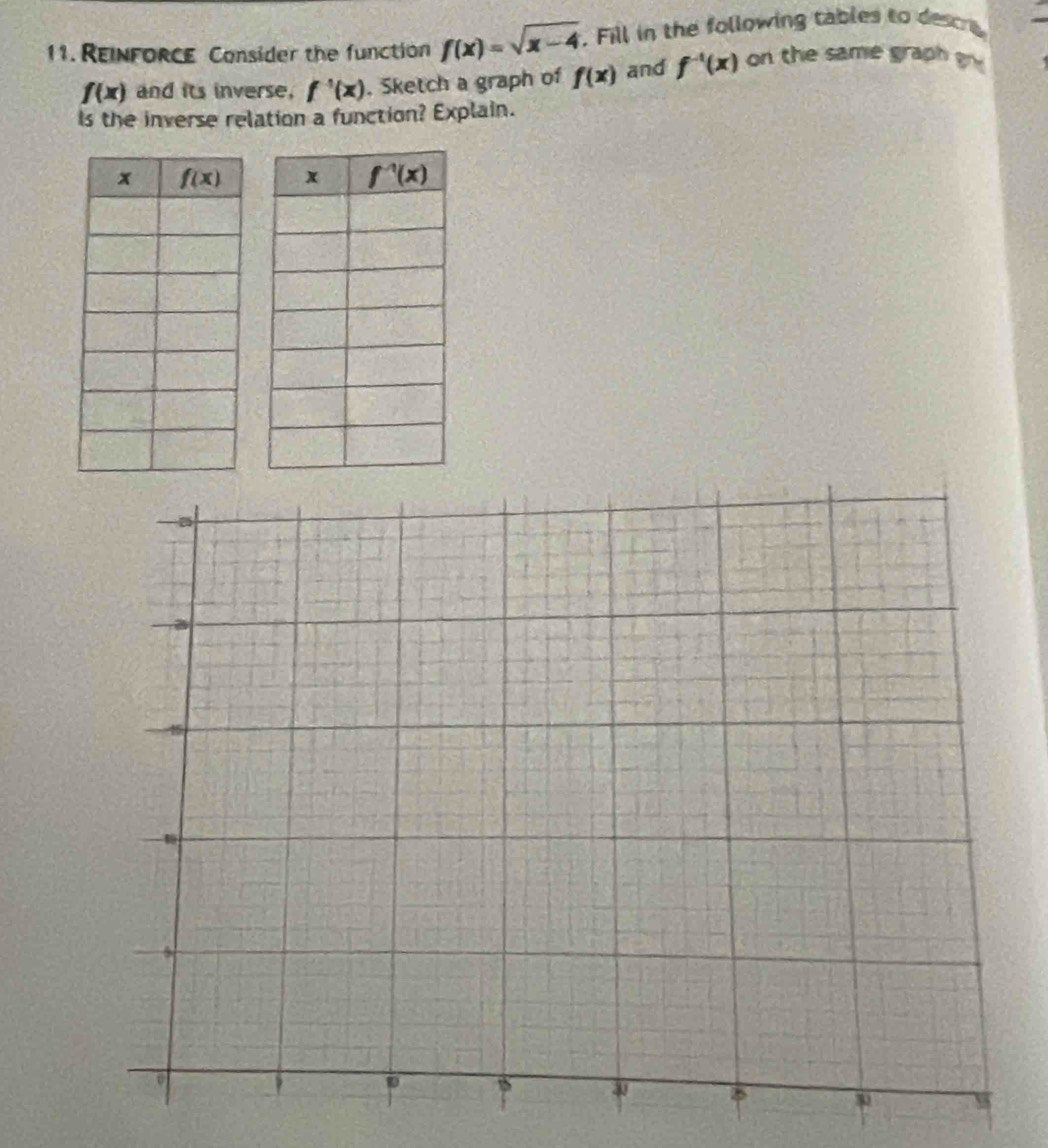 ReInforcE Consider the function f(x)=sqrt(x-4). Fill in the following tables to descre
f(x) and its inverse, f^(-1)(x). Sketch a graph of f(x) and f^(-1)(x) on the same graph gr 
Is the inverse relation a function? Explain.