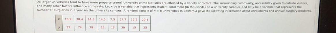 Do larger universities tend to have more property crime? University crime statistics are affected by a variety of factors. The surrounding community, accessibility given to outside visitors, 
and many other factors influence crime rate. Let x be a variable that represents student enrollment (in thousands) on a university campus, and let y be a variable that represents the 
number of burglaries in a year on the university campus. A random sample of n=8 universities in California gave the following information about enrollments and annual burglary incidents.