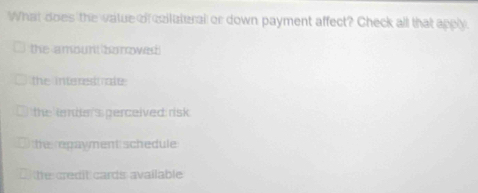 What does the vatue of coilateral or down payment affect? Check all that apply
the amount borowed
the intersmale
the landa's perceived risk
the epayment schedule
te credit cards available