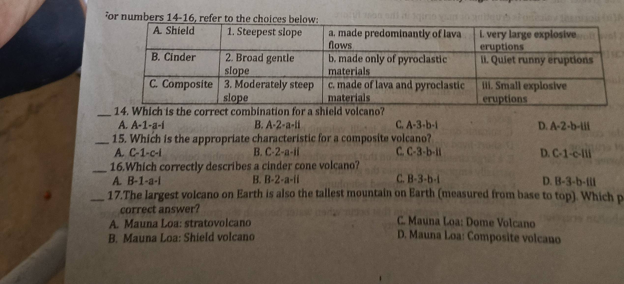 for numbers 14-16, refer to
A. A-1-a-i B. A-2-a-ii C. A -3-h
D. A-2-b-11i
_15. Which is the appropriate characteristic for a composite volcano?
A. C -1 -c-i B. C -2 -a-ii C. C-3-b-ii D. C-1-c-11i
_16.Which correctly describes a cinder cone volcano?
A B-1-a-i
B. B-2-a-ii C. B-3-b-i D. B-3-b-111
_17.The largest volcano on Earth is also the tallest mountain on Earth (measured from base to top). Which p
correct answer?
A. Mauna Loa: stratovolcano C. Mauna Loa: Dome Volcano
B. Mauna Loa: Shield volcano D. Mauna Loa: Composite volcano