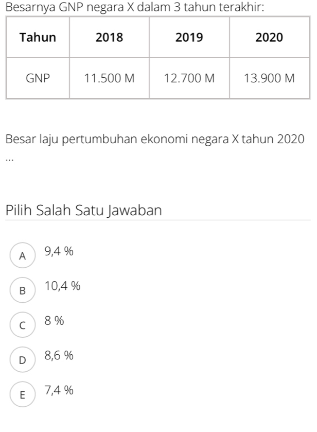 Besarnya GNP negara X dalam 3 tahun terakhir:
Besar laju pertumbuhan ekonomi negara X tahun 2020
…
Pilih Salah Satu Jawaban
A 9,4 %
B 10,4 %
C 8%
D 8,6 %
E 7,4 %