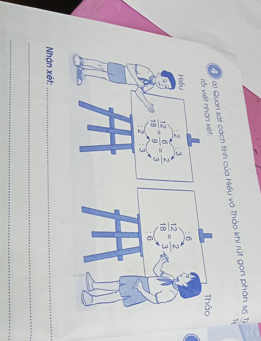 (0 a) Quan sát cách tính của Hiếu và Thảo khi rút gọn phân số  12/18 
rồi viết nhận xét: 
Thảo
:6
Hiếu
:2:3
 12/18 = 6/9 = 2/3 
 12/18 = 2/3 
: 2 :3 : 6
Nhận xét: 
_ 
_ 
_