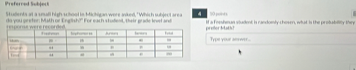 Preferred Subject 
Students at a small high school in Michigan were asked, "Which subject area 4 10 points 
do you prefer: Math or English?" For each student, their grade level and If a Freshman student is randomly chosen, what is the probability they 
refer Math? 
Type your answer...