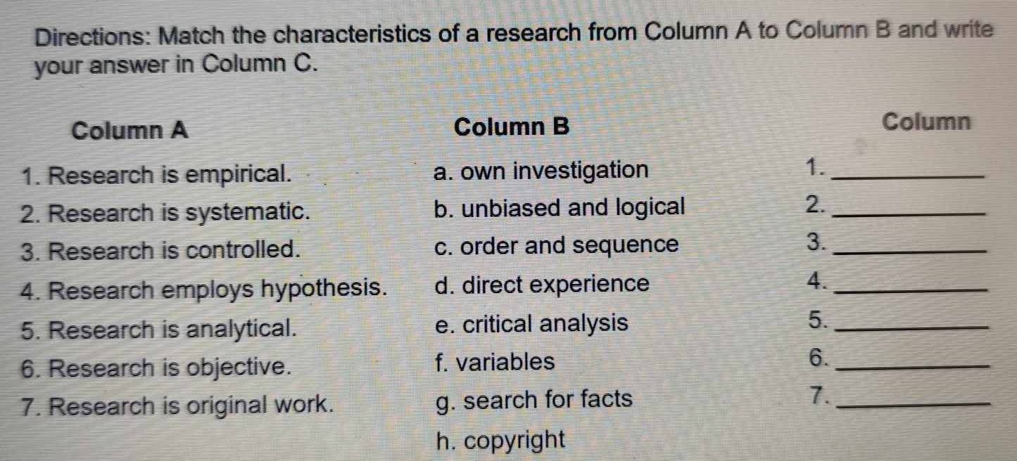 Directions: Match the characteristics of a research from Column A to Column B and write
your answer in Column C.
Column A Column B Column
1. Research is empirical. a. own investigation
1._
2. Research is systematic. b. unbiased and logical
2._
3. Research is controlled. c. order and sequence
3._
4. Research employs hypothesis. d. direct experience
4._
5. Research is analytical. e. critical analysis
5._
6. Research is objective. f. variables 6._
7. Research is original work. g. search for facts
7._
h. copyright