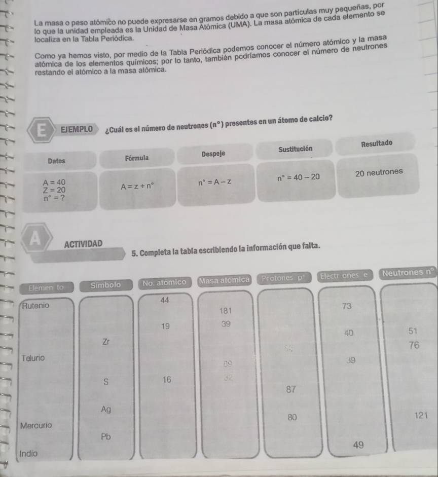 La masa o peso atómico no puede expresarse en gramos debido a que son partículas muy pequeñas, por 
lo que la unidad empleada es la Unidad de Masa Atómica (UMA). La masa atómica de cada elemento se 
localiza en la Tabla Periódica. 
Como ya hemos visto, por medio de la Tabla Periódica podemos conocer el número atómico y la masa 
atómica de los elementos químicos; por lo tanto, también podriamos conocer el número de neutrones 
restando el atómico a la masa atómica. 
E EJEMPLO ¿Cuál es el número de neutrones (n°) presentes en un átomo de calcio? 
Datos Fórmula Despeje Sustitución Resuitado
A=40
Z=20
A=z+n° n°=A-z n°=40-20 20 neutrones
n°= ? 
A ACTIVIDAD 
5. Completa la tabla escribiendo la información que falta. 
Elemen to Símbolo No. atómico Masa atómica Protones D Electr ones e Neutrones n°
44
Rutenio 181
73
19 39
40 51
Zr
76
Telurio 
? O
39
s 16
87
Ag
80 121
Mercurio 
Pb
49
Indio