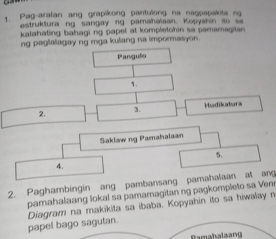 ca 
1. Pag-aralan ang grapikong pantulong na nagpapakita ng 
estruktura ng sangay ng pamahalaan. Kopyahin ito sa 
kalahating bahagi ng papel at kompletohin sa pamamagitan 
ng paglalagay ng mga kulang na impormasyon. 
Pangulo 
1. 
2. Hudikatura 
3. 
Saklaw ng Pamahalaan 
5. 
4. 
2. Paghambingin ang pambansang pamahalaan at ang 
pamahalaang lokal sa pamamagitan ng pagkompleto sa Venr 
Diagram na makikita sa ibaba. Kopyahin ito sa hiwalay n 
papel bago sagutan. 
Pamahalaang