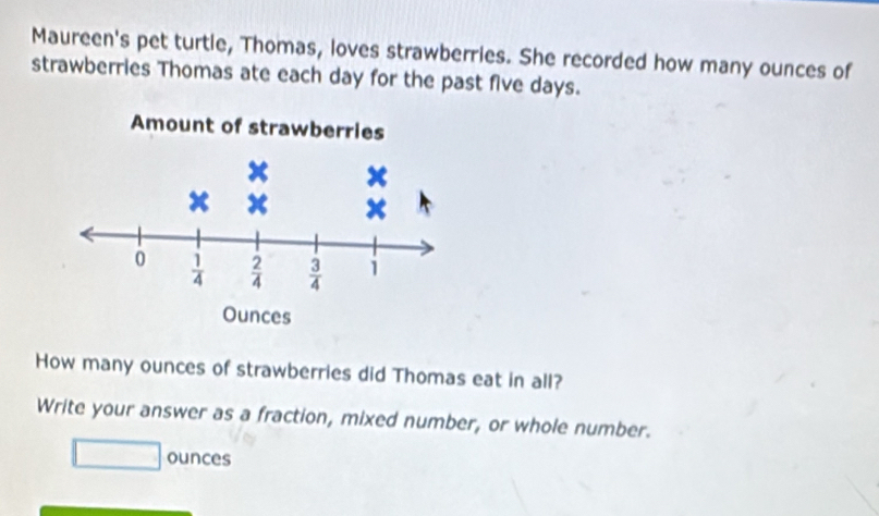 Maureen's pet turtle, Thomas, loves strawberries. She recorded how many ounces of
strawberries Thomas ate each day for the past five days.
How many ounces of strawberries did Thomas eat in all?
Write your answer as a fraction, mixed number, or whole number.
ounces