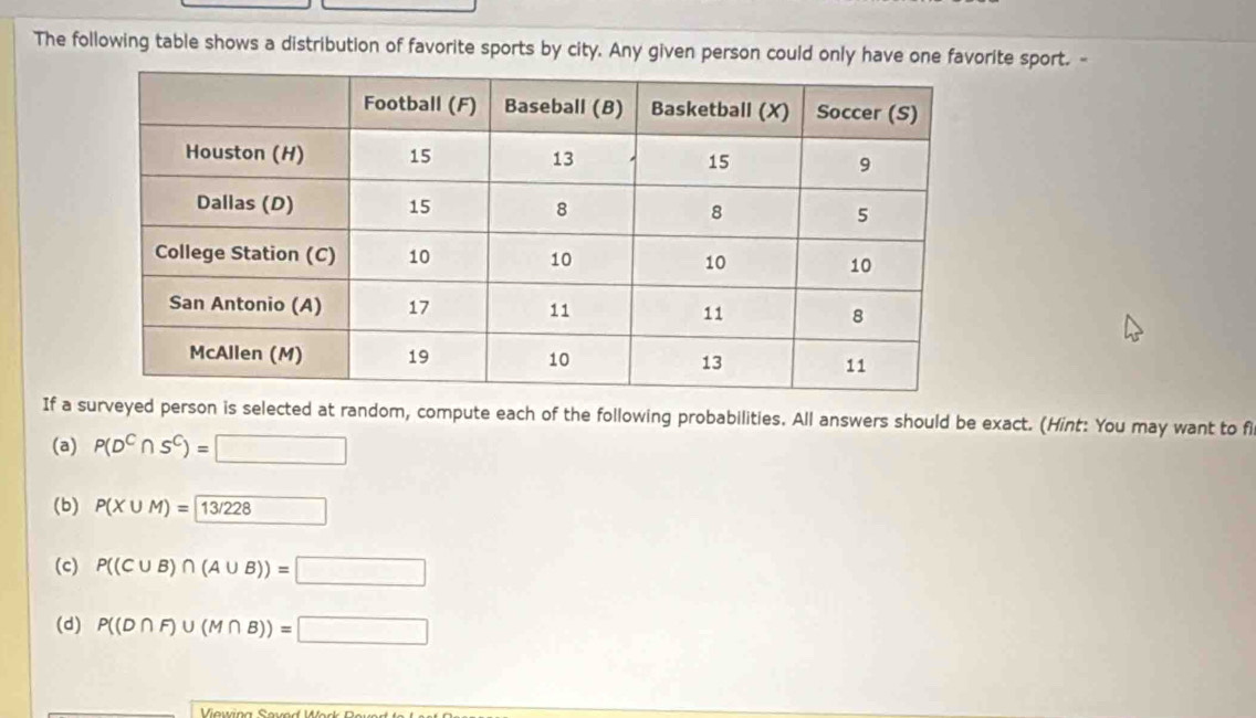 The following table shows a distribution of favorite sports by city. Any given person could only have one favorite sport. - 
If a surveyed person is selected at random, compute each of the following probabilities. All answers should be exact. (Hint: You may want to fi 
(a) P(D^C∩ S^C)=□
(b) P(X∪ M)= 13/228
(c) P((C∪ B)∩ (A∪ B))=□
(d) P((D∩ F)∪ (M∩ B))=□
Viowir