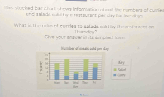 This stacked bar chart shows information about the numbers of curries 
and salads sold by a restaurant per day for five days. 
What is the ratio of curries to salads sold by the restaurant on 
Thursday? 
Give your answer in its simplest form. 
Number of meals sold per day 8
Key 
Salad 
Carry 
|
Day