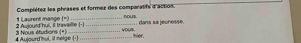 Complétez les phrases et formez des comparatifs d'action. 
1 Laurent mange (=) _nous. 
2 Aujourd'hui, il travaille (-) _dans sa jeunesse. 
3 Nous étudions (+) .._ vous. 
4 Aujourd'hui, il neige (-)_ 
hier.