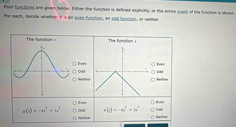 Four functions are given below. Either the function is defined explicitly, or the entire graph of the function is shown.
For each, decide whether it is an even function, an odd function, or neither.
The funThe function s
Even Even
Odd Odd
Neither Neither
Even Even
g(x)=-4x^5+3x^3 Odd h(x)=-6x^5+3x^2 Odd
Neither Neither