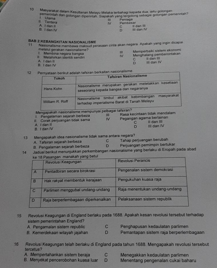 Masyarakat dalam Kesultanan Melayu Melaka terbahagi kepada dua, iaitu golongan
I. Ulama pemenntah dan golongan diperintah. Siapakah yang tergolong sebagai golongan pemerintah?
' Peniaga
IV Pembesar
II. Tentera C II dan III
A. I dan II
B. I dan IV D III dan IV
BAB 2:KEBANGKITAN NASIONALISME
11 Nasionalisme membawa maksud perasaan cinta akan negara. Apakah yang ingin dicapai
melalui gerakan nasionalisme?
Memperbaiki sistem ekonomi
I. Membina negara bangsa
II. Melahirkan identiti sendiri
IV Menghalang pemberontakan
C
A. I dan II II dan III
D
B. I dan IV III dan IV
1.
Mengapakah nasionalism
I. Pengalaman sejarah berbeza 113 Rasa kecintaan tidak mendalam
II. Corak perjuangan tidak sama IV Pegangan agama berlainan
C
A. I dan II II dan III
B. I dan IV D III dan IV
13 Mengapakah idea nasionalisme tidak sama antara negara?
A. Tafsiran sejarah berbeza C Tahap perjuangan berubah
B. Pengalaman sejarah berbeza D Perjuangan pemimpin bertukar
14   Jadual berikut menunjukkan perkembangan nasionalisme yang berlaku di Eropah pada abad
15 Revolusi Keagungan di England berlaku pada 1688. Apakah kesan revolusi tersebut terhadap
sistem pemerintahan England?
A. Pengamalan sistem republic C Penghapusan kedaulatan parlimen
B. Kemerdekaan wilayah jajahan D Pemantapan sistem raja berperlembagaan
16 Revolusi Keagungan telah berlaku di England pada tahun 1688. Mengapakah revolusi tersebut
tercetus?
A. Mempertahankan sistem beraja C Menegakkan kedaulatan parlimen
B. Menyėkat pencerobohan kuasa luar D Menentang pengenalan cukai baharu