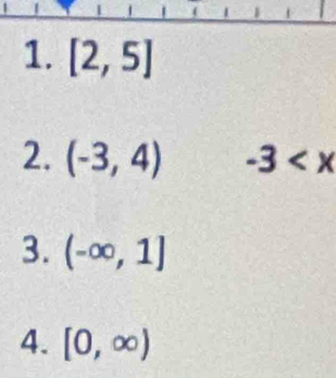 [2,5]
2. (-3,4) -3
3. (-∈fty ,1]
4. [0,∈fty )