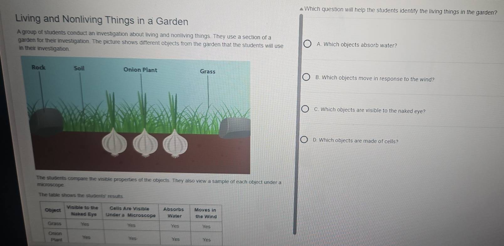 Which question will help the students identify the living things in the garden?
Living and Nonliving Things in a Garden
A group of students conduct an investigation about living and nonliving things. They use a section of a
garden for their investigation. The picture shows different objects from the garden that the students will use A. Which objects absorb water?
in their investigation.
B. Which objects move in response to the wind?
C. Which objects are visible to the naked eye?
D. Which objects are made of cells?
The students compare the visible properties of the objects. They also view a sample of each object under a
microscope
The table shows the students' results