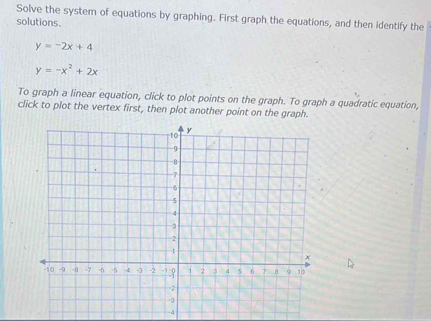 Solve the system of equations by graphing. First graph the equations, and then identify the
solutions.
y=-2x+4
y=-x^2+2x
To graph a linear equation, click to plot points on the graph. To graph a quadratic equation,
click to plot the vertex first, then plot another point on the graph.
-4