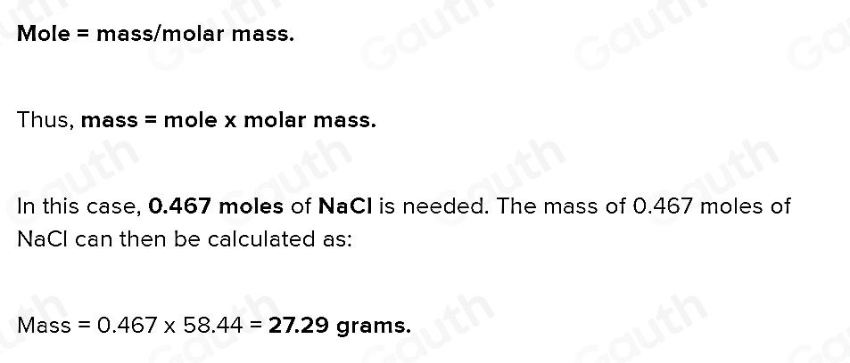 Solved: 0.467 mol NaCl are needed to create a 0.875 m solution using ...