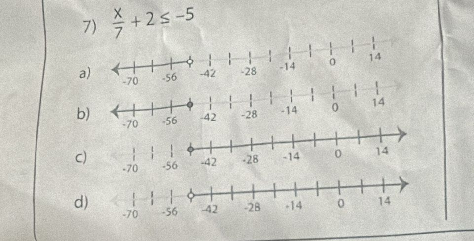  x/7 +2≤ -5
a) 
b)
-56
c 
d