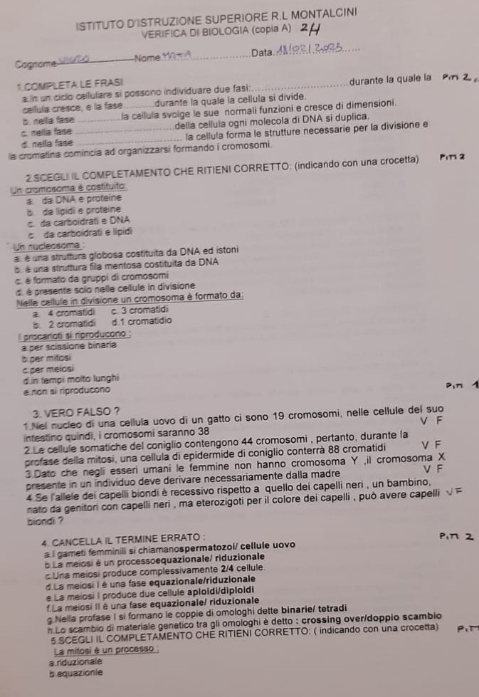 ISTITUTO D'ISTRUZIONE SUPERIORE R.L MONTALCINI
VERIFICA DI BIOLOGIA (copia A)
Cagnome_ Name_ Data_
1.COMPLETA LE FRASI
a n un ciclo cellulare si possono individuare due fasi:_ durante la quale la
cellula cresce, e la fase durante la quale la cellula si divide.
b. nella fase la cellula svolge le sue normali funzioni e cresce di dimensioni.
c. nella fase _della cellula ogni molecola di DNA si duplica.
d. neila fase__ la cellula forma le strutture necessarie per la divisione e
a cromatina comincia ad organizzarsi formando i cromosomi.
2 SCEGLI IL COMPLETAMENTO CHE RITIENI CORRETTO: (indicando con una crocetta) Pit 2
Un cromosoma é costítuito:
a da DNA e proteíne
b da lígidi e proteine
c. da carboïdrat e DNA
c da carboídrati e lípídi
Un nucleosoma
a é una struttura globosa costituita da DNA ed istoni
é  é una struttura fila mentosa costituita da DNA
c. é formato da gruppi di cromosomi
d. é presente solo nelle cellule in divisione
Nelle cellule in divisione un cromosoma è formato da:
a. 4 cromatidi c. 3 cromatidi
s. 2 cromatidi d.1 cromatídio
Il procarioti si riproducono :
a per scissione binaria
b per mitosi
cper meiosi
dn tempi moito lunghi
e non si riproducono
3. VERO FALSO ?
1.Nel nucleo di una cellula uovo di un gatto ci sono 19 cromosomi, nelle cellule del suo
intestino quindi, i cromosomi saranno 38 F
2. Le cellule somatiche del coniglio contengono 44 cromosomi , pertanto, durante la
profase della mitosi, una cellula di epidermide di coniglio conterrà 88 cromatidi V F
3.Dato che negli esseri umani le femmine non hanno cromosoma Y ,il cromosoma X
presente in un individuo deve derivare necessariamente dalla madre V F
4 Se lallele dei capelli biondi è recessivo rispetto a quello dei capelli neri , un bambino,
nato da genitori con capelli neri , ma eterozigoti per il colore dei capelli , può avere capelli 
biandi ?
4. CANCELLA IL TERMINE ERRATO :
a l gameti femminili si chiamanospermatozol/ cellule uovo
b La meiosi è un processoequazionale/ riduzionale
c.Una meiosi produce complessivamente 2/4 cellule.
d. La meiosi I é una fase equazionale/riduzionale
e La meiosi I produce due cellule aploidi/diploidi
La meiosi II é una fase equazionale/ riduzionale
g Nella profase I si formano le coppie di omologhi dette binarie/ tetradi
n Lo scambio di materiale genetico tra gli omologhi è detto : crossing over/doppio scambio Pit
5 SCEGLI IL COMPLETAMENTO CHE RITIENI CORRETTO: ( indicando con una crocetta)
La mitosi é un processo :
a riduzionale
b.equazionle