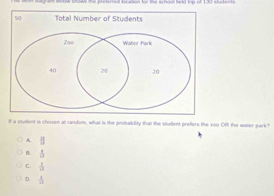 The veith diagram below shows the preferred location for the school field trip of 130 students.
If a student is chosen at random, what is the probability that the student prefers the zoo OR the water park?
A.  10/13 
B.  8/13 
C.  3/13 
D.  5/13 