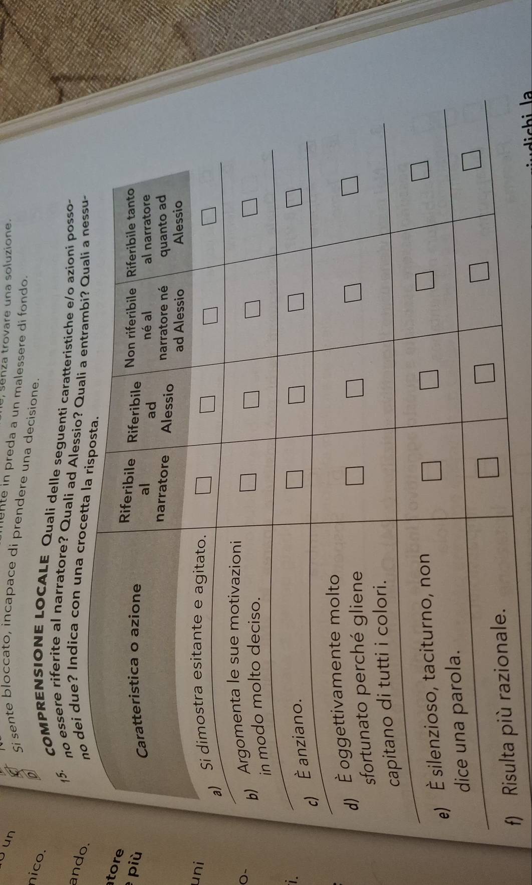 Jun
a, sénza trovare una soluzione.
ente in preda a un malessere di fondo.
Si sente bloccato, incapace di prendere una decisione.
nico.
15. COMPRENSIONE LOCALE Quali delle seguenti caratteristiche e/o azioni posso-
no essere riferite al narratore? Quali ad Ale
and
due? Indica c
to
pi
uni
0-
i
f) Risulta
