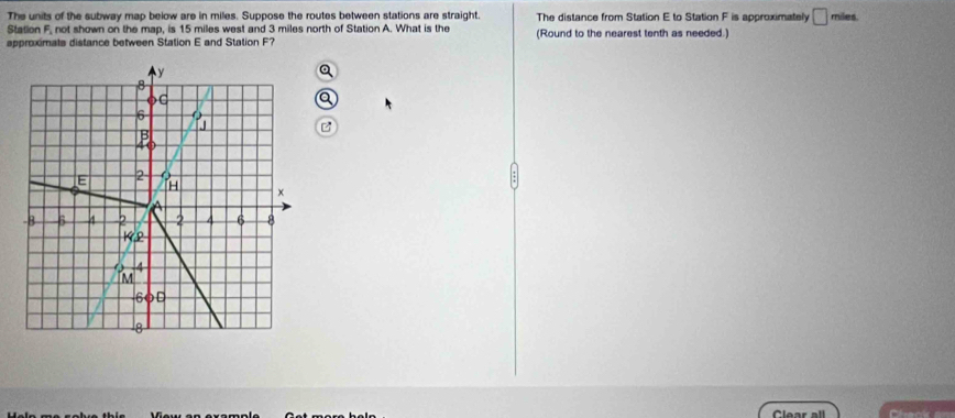 The units of the subway map below are in miles. Suppose the routes between stations are straight.
Station F, not shown on the map, is 15 miles west and 3 miles north of Station A. What is the The distance from Station E to Station F is approximately □ miles.
approximals distance between Station E and Station F? (Round to the nearest tenth as needed.)
a
Clear all