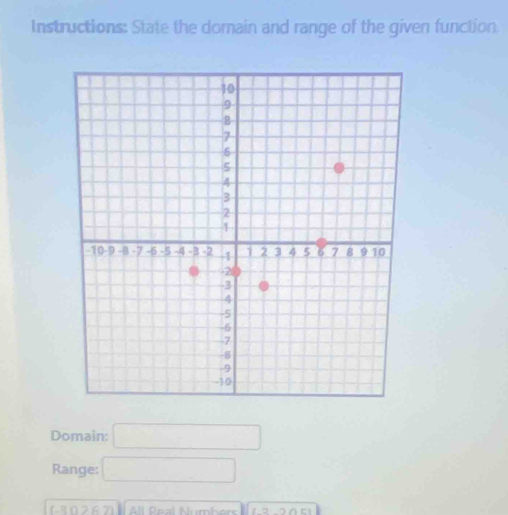 Instructions: State the domain and range of the given function 
Domain: □ 
Range: □
30, 2, 6.71 l 4ll Real Number 11* 220