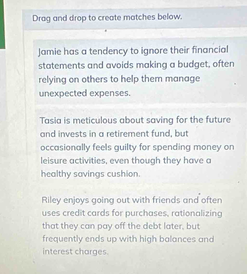 Drag and drop to create matches below. 
Jamie has a tendency to ignore their financial 
statements and avoids making a budget, often 
relying on others to help them manage 
unexpected expenses. 
Tasia is meticulous about saving for the future 
and invests in a retirement fund, but 
occasionally feels guilty for spending money on 
leisure activities, even though they have a 
healthy savings cushion. 
Riley enjoys going out with friends and often 
uses credit cards for purchases, rationalizing 
that they can pay off the debt later, but 
frequently ends up with high balances and 
interest charges.