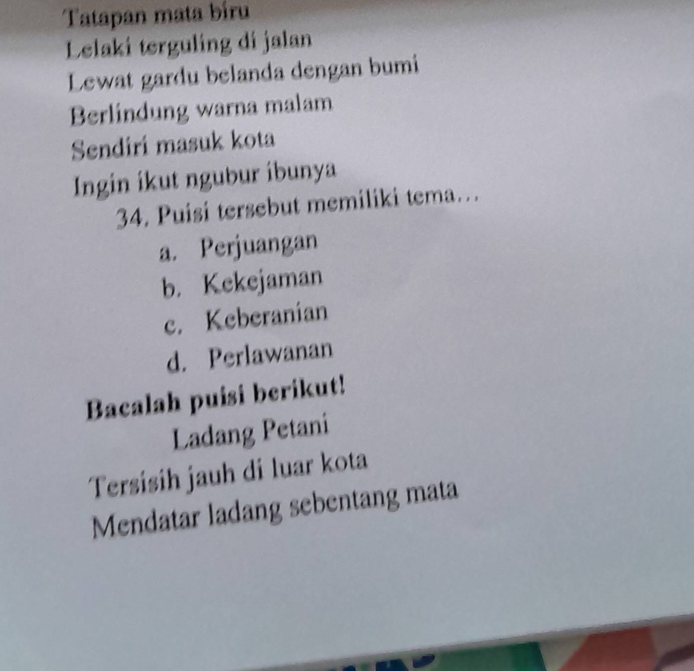 Tatapan mata bíru
Lelaki terguling di jalan
Lewat gardu belanda dengan bumi
Berlindung warna malam
Sendiri masuk kota
Ingin ikut ngubur íbunya
34. Puisi tersebut memiliki tema… .
a. Perjuangan
b. Kekejaman
c. Keberanian
d. Perlawanan
Bacalah puisi berikut!
Ladang Petani
Tersisih jauh di luar kota
Mendatar ladang sebentang mata