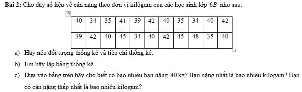 Cho dãy số liệu về cân nặng theo đơn vị kilôgam của các học sinh lớp 6B như sau: 
a) Hãy nêu đổi tượng thống kê và tiêu chí thống kê. 
b) Em hãy lập bảng thống kê. 
c) Dựa vào bảng trên hãy cho biết có bao nhiêu bạn nặng 40 kg? Bạn nặng nhất là bao nhiêu kilogam? Bạn 
có cân nặng thấp nhất là bao nhiêu kilogam?