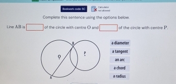 Calcudaton
Baakovork code: SC: not allorved
Complete this sentence using the options below.
Line AB is □ of the circle with centre ( and □ of the circle with centre P.
a diameter
a tamgent
an arc
a chord
a radius