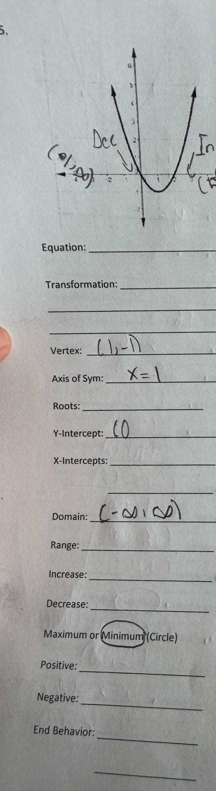 Equation:_ 
Transformation:_ 
_ 
_ 
Vertex:_ 
Axis of Sym:_ 
Roots:_ 
Y-Intercept:_ 
X-Intercepts:_ 
_ 
_ 
Domain: 
_ 
Range: 
_ 
Increase: 
Decrease:_ 
Maximum or Minimum (Circle) 
Positive:_ 
Negative:_ 
_ 
End Behavior: 
_