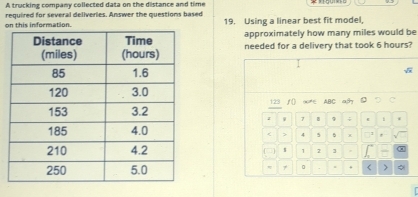 A trucking company collected data on the distance and time 
on this information. required for several deliveries. Answer the questions based 19. Using a linear best fit model, 
approximately how many miles would be 
needed for a delivery that took 6 hours? 
123 f() ∞ ∈ ABC a 
z W 7 B 9 ÷ 1 
< > 4 5 B x
1 1 2 3

7 < >