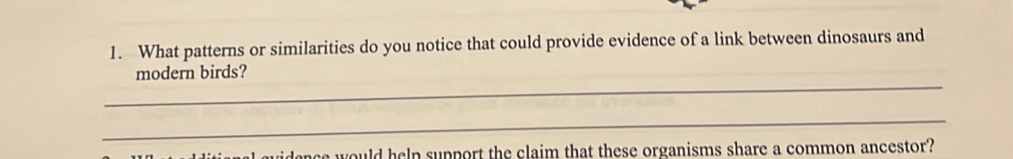 What patterns or similarities do you notice that could provide evidence of a link between dinosaurs and 
_ 
modern birds? 
_ 
dence would help support the claim that these organisms share a common ancestor?