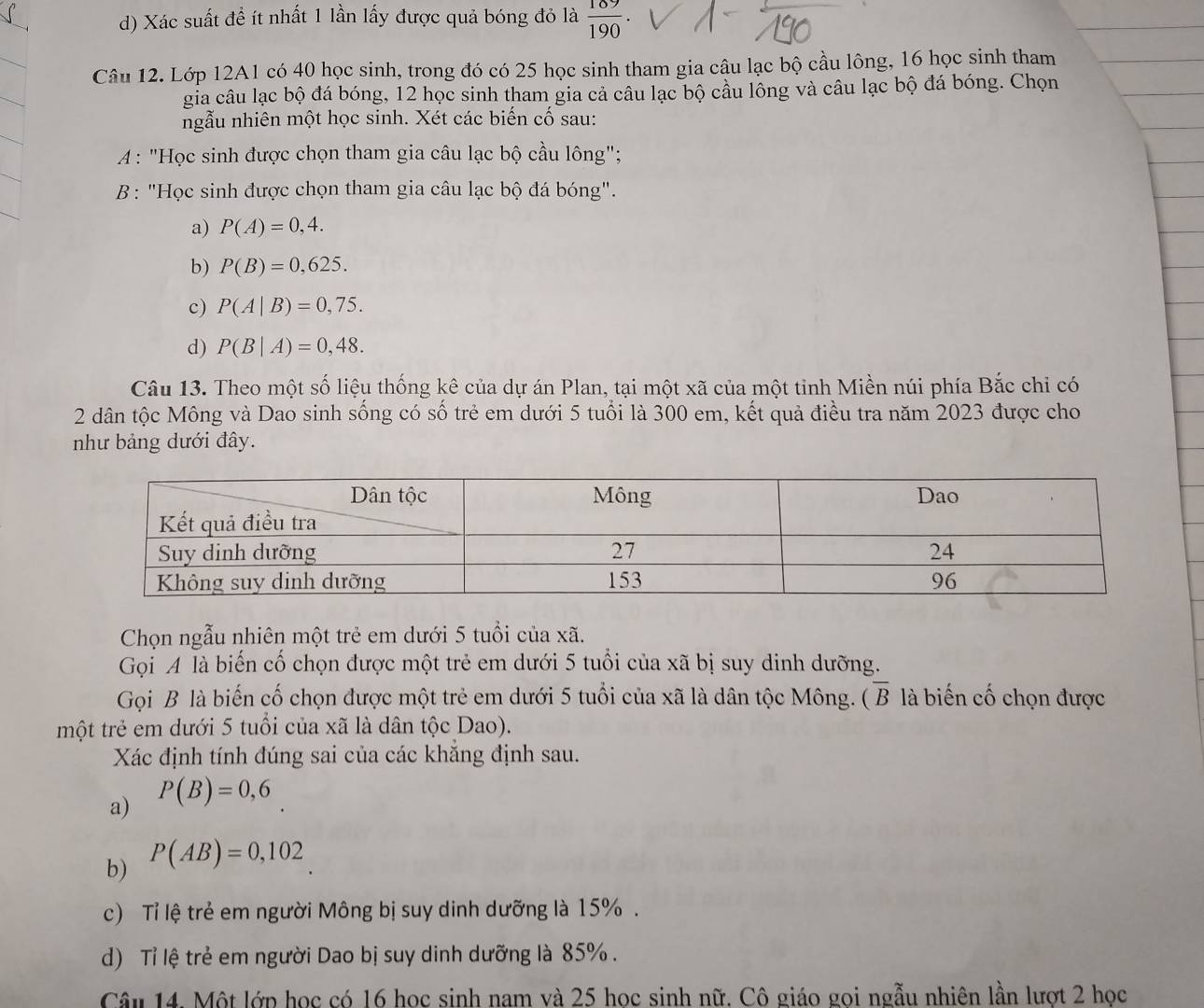 d) Xác suất đề ít nhất 1 lần lấy được quả bóng đỏ là  109/190 .
Câu 12. Lớp 12A1 có 40 học sinh, trong đó có 25 học sinh tham gia câu lạc bộ cầu lông, 16 học sinh tham
gia câu lạc bộ đá bóng, 12 học sinh tham gia cả câu lạc bộ cầu lồng và câu lạc bộ đá bóng. Chọn
ngẫu nhiên một học sinh. Xét các biến cố sau:
A : "Học sinh được chọn tham gia câu lạc bộ cầu lông";
B : "Học sinh được chọn tham gia câu lạc bộ đá bóng".
a) P(A)=0,4.
b) P(B)=0,625.
c) P(A|B)=0,75.
d) P(B|A)=0,48.
Câu 13. Theo một số liệu thống kê của dự án Plan, tại một xã của một tỉnh Miền núi phía Bắc chỉ có
2 dân tộc Mông và Dao sinh sống có số trẻ em dưới 5 tuổi là 300 em, kết quả điều tra năm 2023 được cho
như bảng dưới đây.
Chọn ngẫu nhiên một trẻ em dưới 5 tuổi của xã.
Gọi A là biến cố chọn được một trẻ em dưới 5 tuổi của xã bị suy dinh dưỡng.
Gọi B là biến cố chọn được một trẻ em dưới 5 tuổi của xã là dân tộc Mông. ( D * là biến cố chọn được
một trẻ em dưới 5 tuổi của xã là dân tộc Dao).
Xác định tính đúng sai của các khắng định sau.
a) P(B)=0,6
b) P(AB)=0,102
c) Tỉ lệ trẻ em người Mông bị suy dinh dưỡng là 15% .
d) Tỉ lệ trẻ em người Dao bị suy dinh dưỡng là 85% .
Câu 14. Một lớp học có 16 học sinh nam và 25 học sinh nữ. Cô giáo gọi ngẫu nhiên lần lượt 2 học