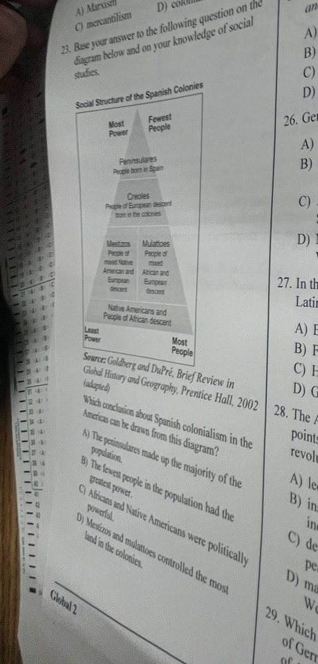 C) mercantilism A) Marxist D) colom
23. Base your answer to the following question on the
an
diagram below and on your knowledge of social
A)
B)
studies.
C)
D)
26. Ger
A)
B)
C)
D)
27. In th
Latir
A) E
B) F
C) H
Brief Review in D) C
(adapted)
istory and Geography, Prentice Hall, 2002 28. The 
2 4 Which conclusion about Spanish colonialism in the
3 =A Americas can be drawn from this diagram?
points
population
revol
) The peninsulares made up the majority of the A) le
) The fewest people in the ppulation had th
greatest power.
B) in
powerful.
in
) Africans and Native Americans were political
C) de
and in the colonies 
pe
_) Mestizos and mulattoes controlled the mo 29. Whích
D) m
Global 2
W
of Ger
of