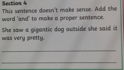 This sentence doesn't make sense. Add the 
word ‘and’ to make a proper sentence. 
She saw a gigantic dog outside she said it 
was very pretty. 
_ 
_