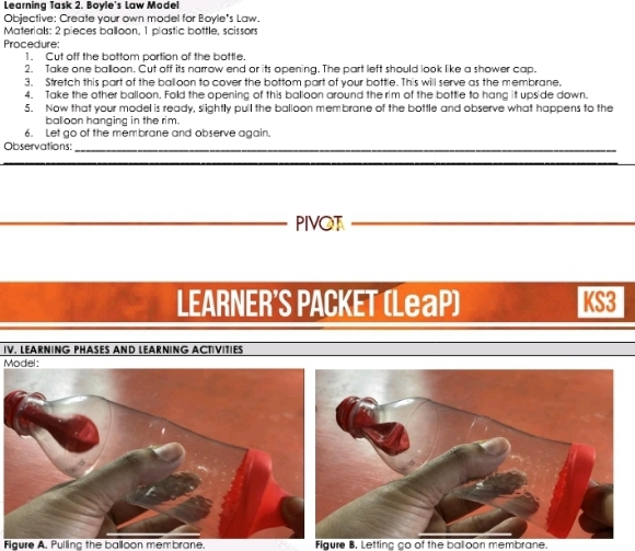 Learning Task 2. Boyle's Law Model 
Objective: Create your own model for Bovle's Law 
Materials: 2 pieces balloon, 1 plastic bottle, scissors 
Procedure: 
1. Cut off the bottom portion of the bottle. 
2. Take one balloon. Cut off its narrow end or its opening. The part left should look like a shower cap. 
3. Stretch this part of the balloon to cover the bottom part of your bottle. This will serve as the membrane. 
4. Take the other balloon. Fold the opening of this balloon around the rim of the bottle to hang it upside down. 
5. Now that your model is ready, slightly pull the balloon membrane of the bottle and observe what happens to the 
bal oon hanging in the rim. 
6. Let go of the membrane and observe again. 
Observations:_ 
PIVOT 
_ 
_ 
LEARNER'S PACKET (LeaP) KS3 
IV. LEARNING PHASES AND LEARNING ACT|VITIES 
Model: 
Figure A. Pulling the balloon membrane. Figure B. Letting go of the balloon membrane.