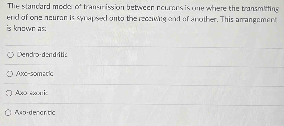 The standard model of transmission between neurons is one where the transmitting
end of one neuron is synapsed onto the receiving end of another. This arrangement
is known as:
Dendro-dendritic
Axo-somatic
Axo-axonic
Axo-dendritic