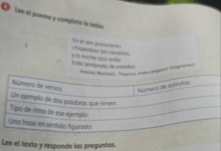 Lee el poema y completa la tabla. 
En el aire polvoriento 
chispeaban las candelas. 
y la noche azul ardia 
toda sembrada de estreíllas 
Anta pegasos'' (fragmento) 
Lee el texto y responde las preguntas.