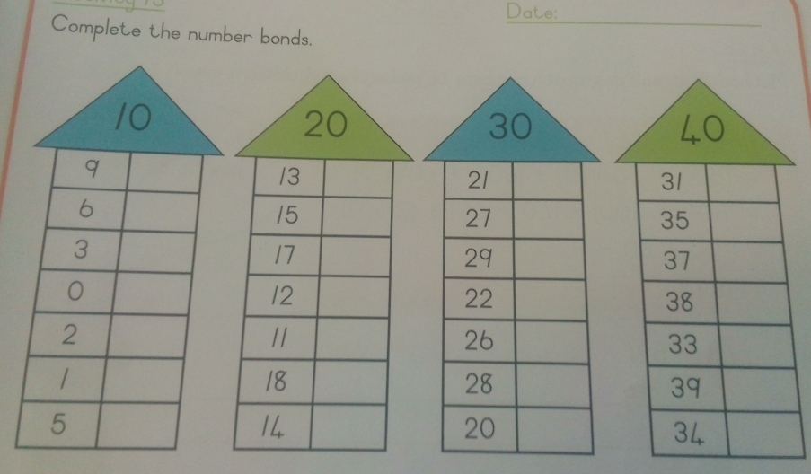 Date: 
Complete the number bonds.