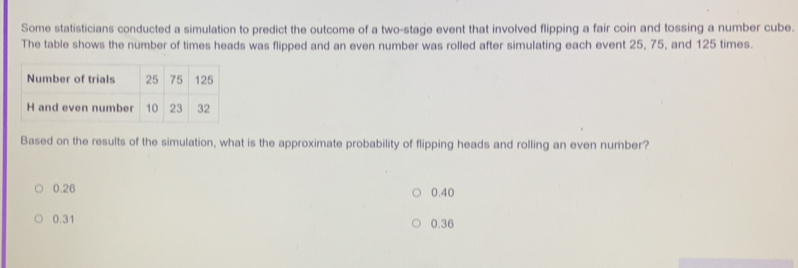 Some statisticians conducted a simulation to predict the outcome of a two-stage event that involved flipping a fair coin and tossing a number cube.
The table shows the number of times heads was flipped and an even number was rolled after simulating each event 25, 75, and 125 times.
Based on the results of the simulation, what is the approximate probability of flipping heads and rolling an even number?
0.26 0.40
0.31 0.36